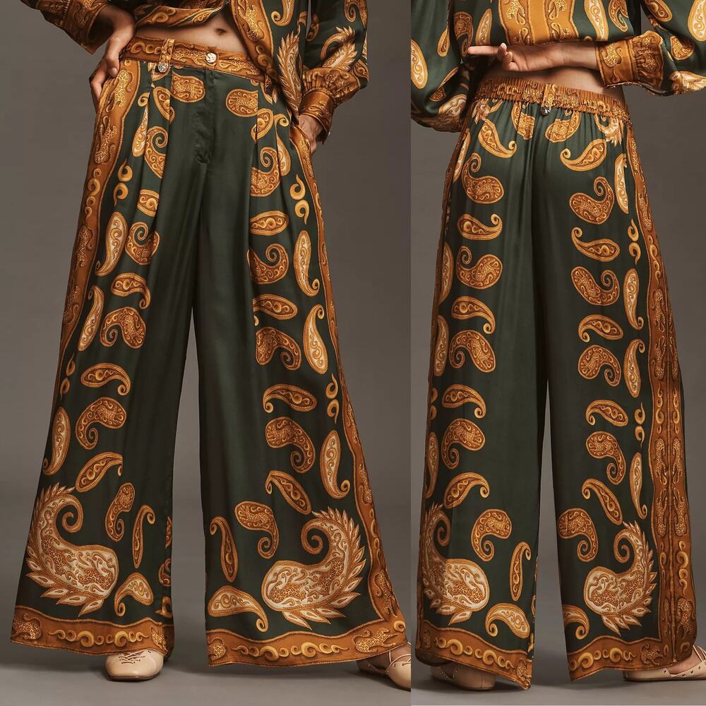 NWT Anthropologie Farm Rio Printed Wide Leg Green Gold Cheetah Satin Pants Med - Picture 2 of 15